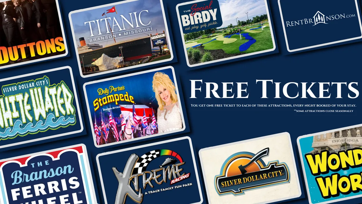 A close-up of various attraction cards with bold text stating 'FREE TICKETS.' The cards allude to popular area activities, rides, and experiences, evoking excitement about the nearby family-friendly attractions mentioned in the section.